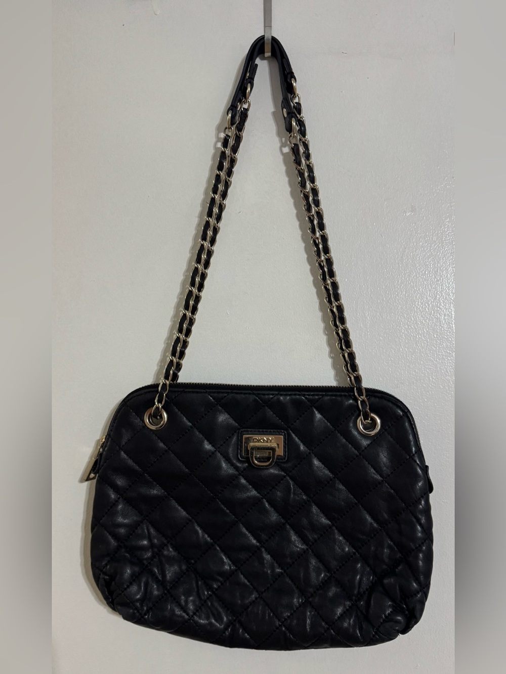 DKNY Black Leather Quilted Shoulder Bag with Adjustable Strap(s)